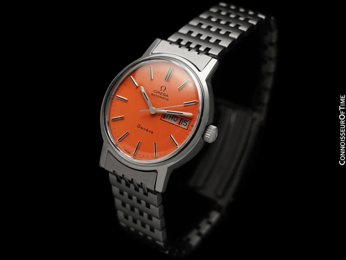 1973 Omega Geneve Vintage Automatic Day Date Mens Watch with Peach Dial - Stainless Steel
