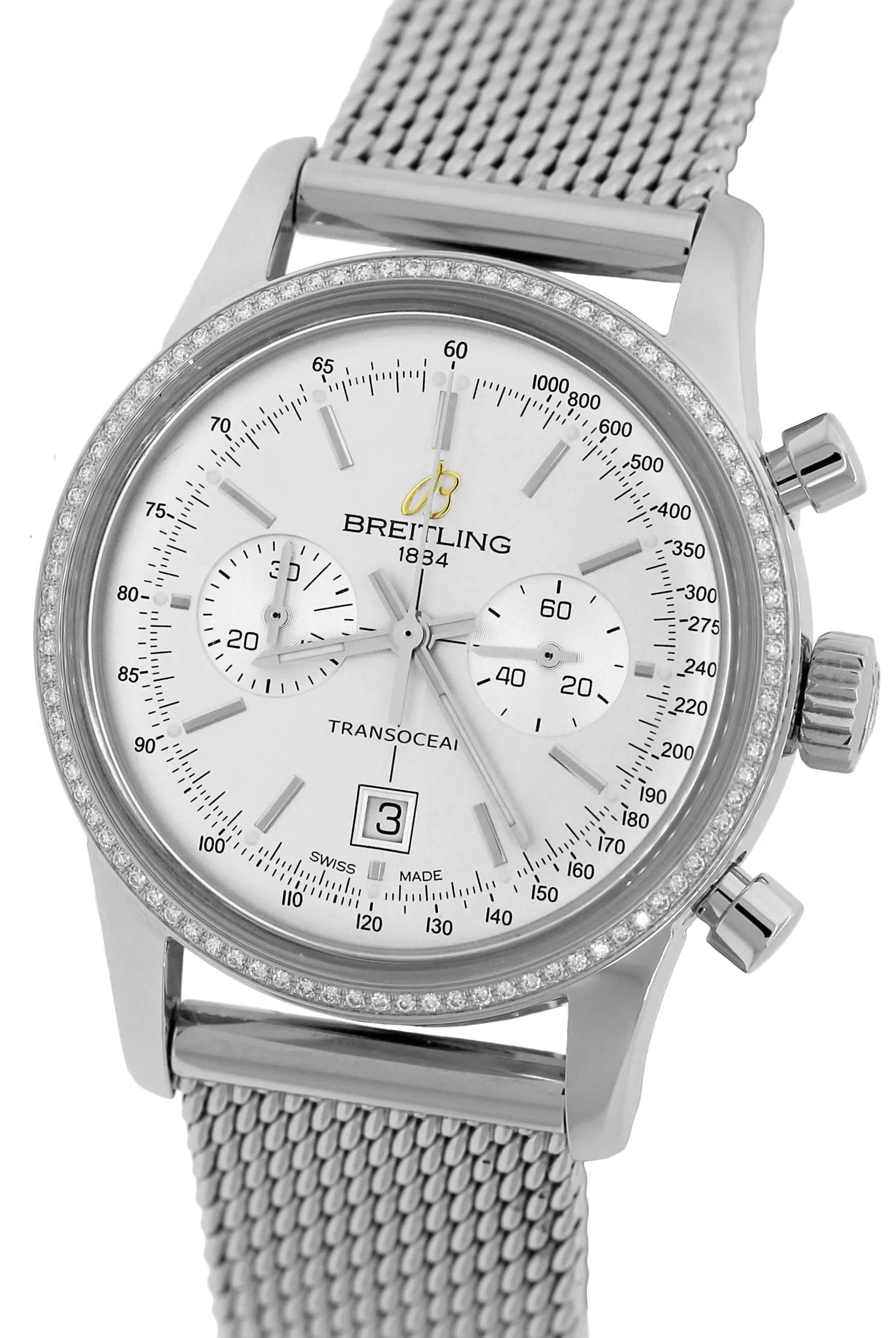 2014 Breitling Transocean Chronograph 38mm Silver Diamond Mesh A41310 Watch
